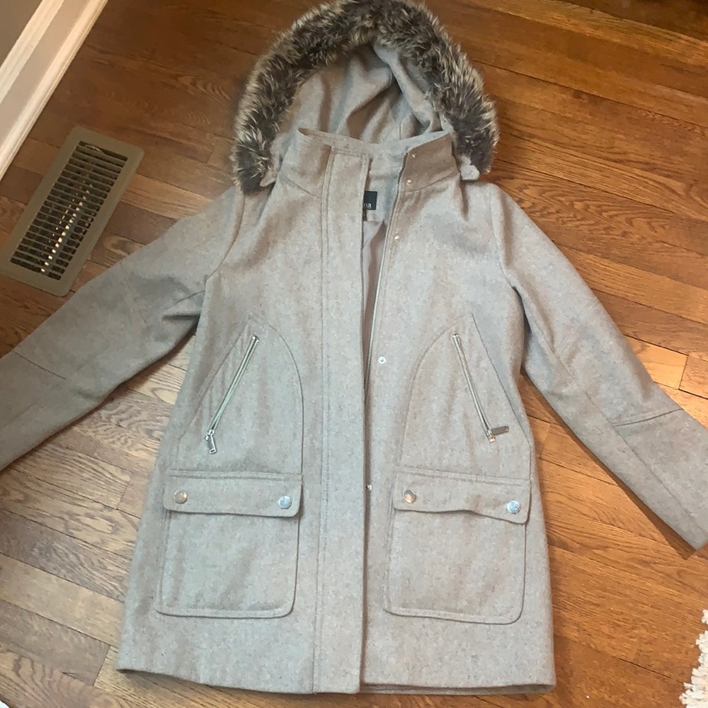 a.n.a Gray Pea Coat with Faux Fur Hood